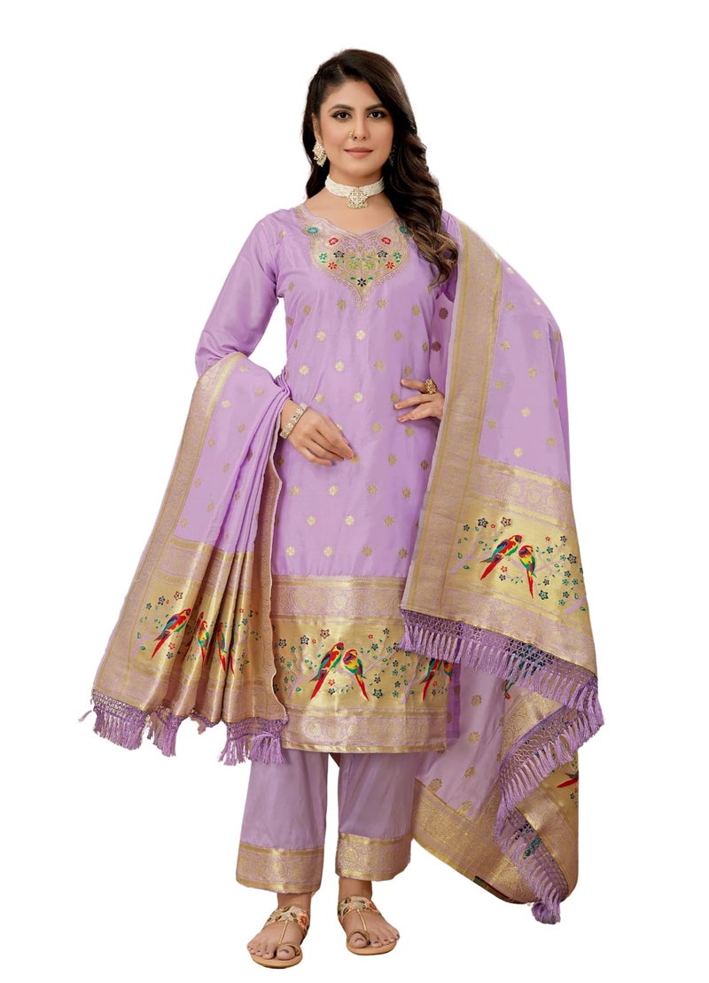AMIRAT Women's Pure Silk Paithani Suit | Full Sleeves Zari Work | Unstitched Kurta set With Dupatta | Dress Material (Purple) - Image 1