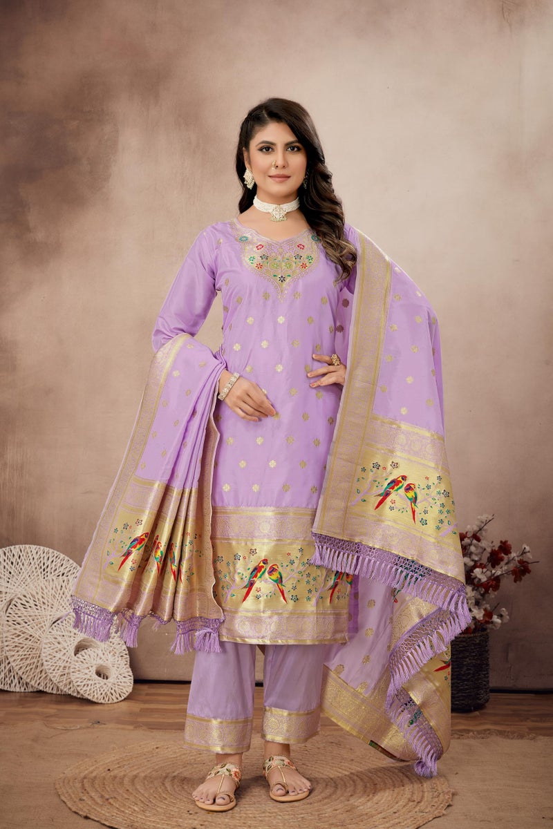 AMIRAT Women's Pure Silk Paithani Suit | Full Sleeves Zari Work | Unstitched Kurta set With Dupatta | Dress Material (Purple) - Image 3