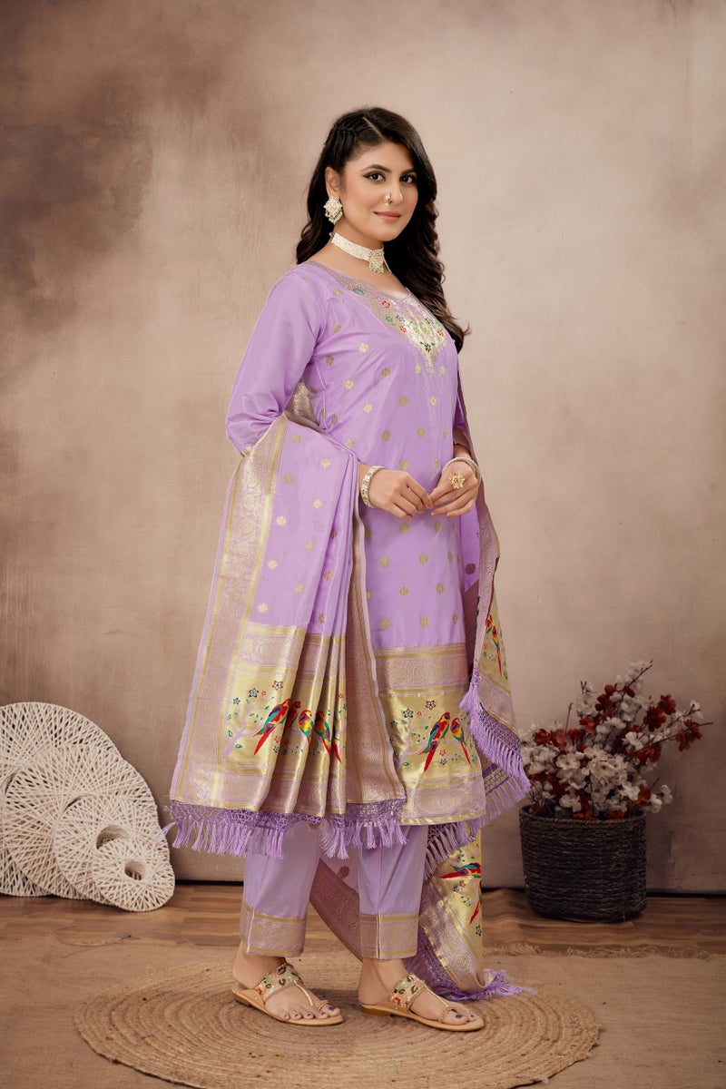 AMIRAT Women's Pure Silk Paithani Suit | Full Sleeves Zari Work | Unstitched Kurta set With Dupatta | Dress Material (Purple) - Image 5