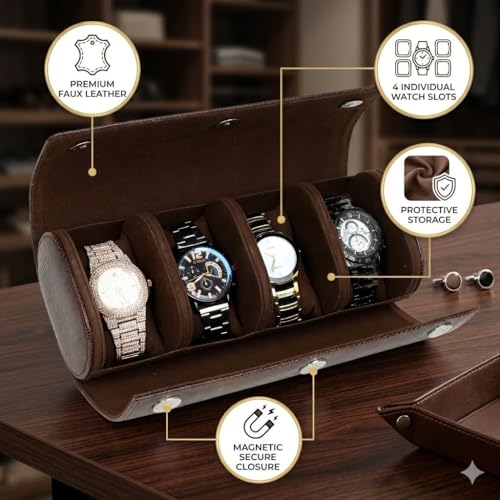 essart Travel Watch Roll Case 4 Slots – watch roll travel case Portable Luxury Watch Organizer & Storage Box for Men & Women with Brown colour - Image 2