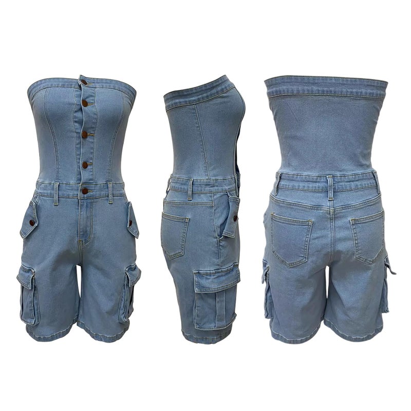 LKOUS Women's Sexy Denim Short Jumpsuit,Summer Cargo Casual Sleeveless Slim Fit Off Shoulder Rompers with Pockets - Image 5
