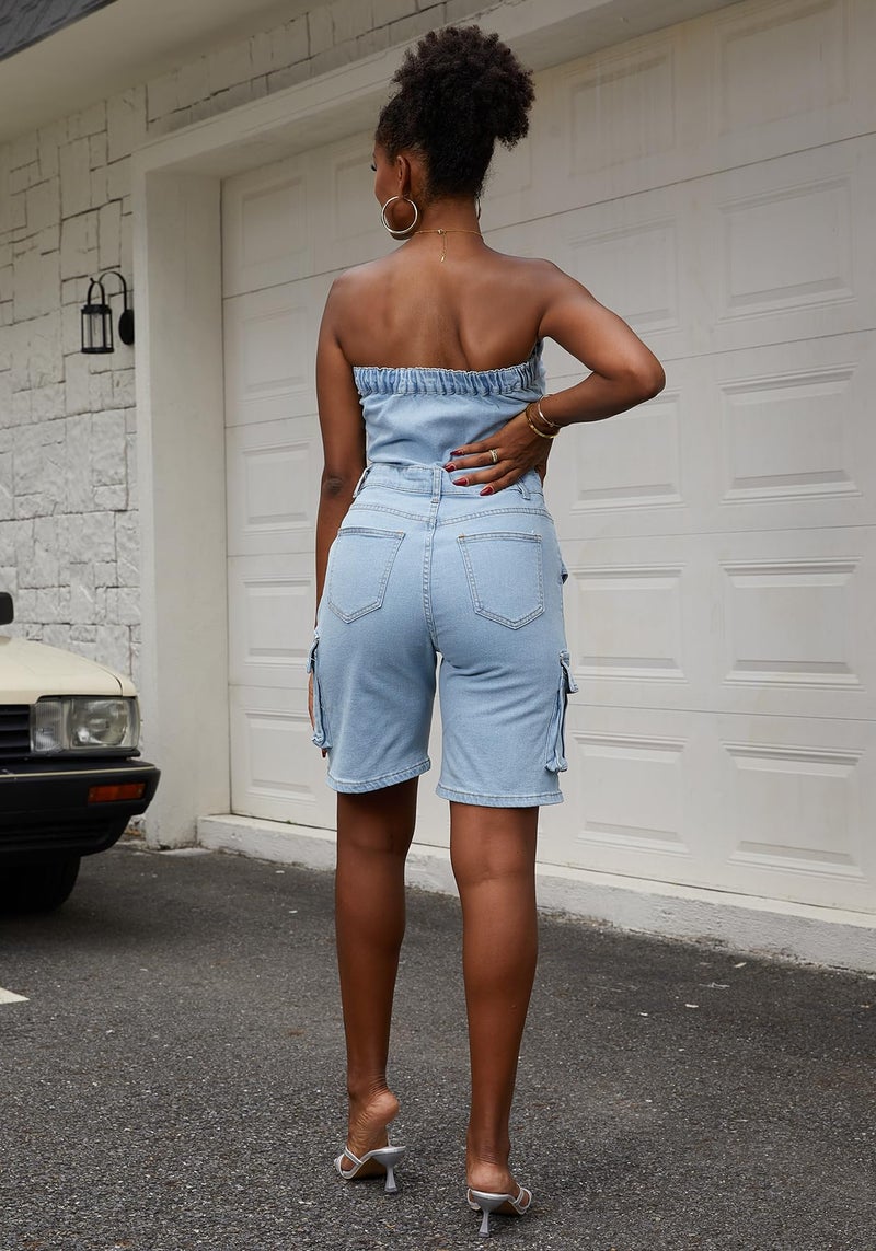 LKOUS Women's Sexy Denim Short Jumpsuit,Summer Cargo Casual Sleeveless Slim Fit Off Shoulder Rompers with Pockets - Image 2