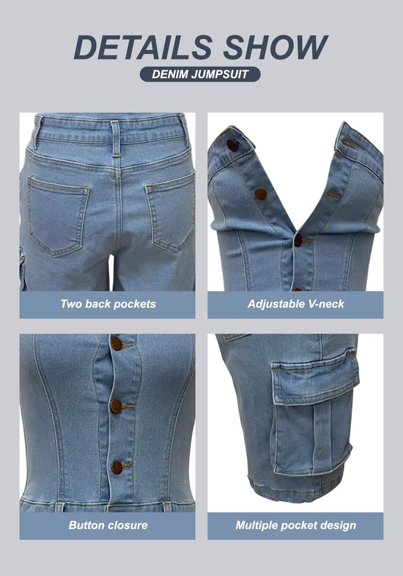 LKOUS Women's Sexy Denim Short Jumpsuit,Summer Cargo Casual Sleeveless Slim Fit Off Shoulder Rompers with Pockets - Image 4