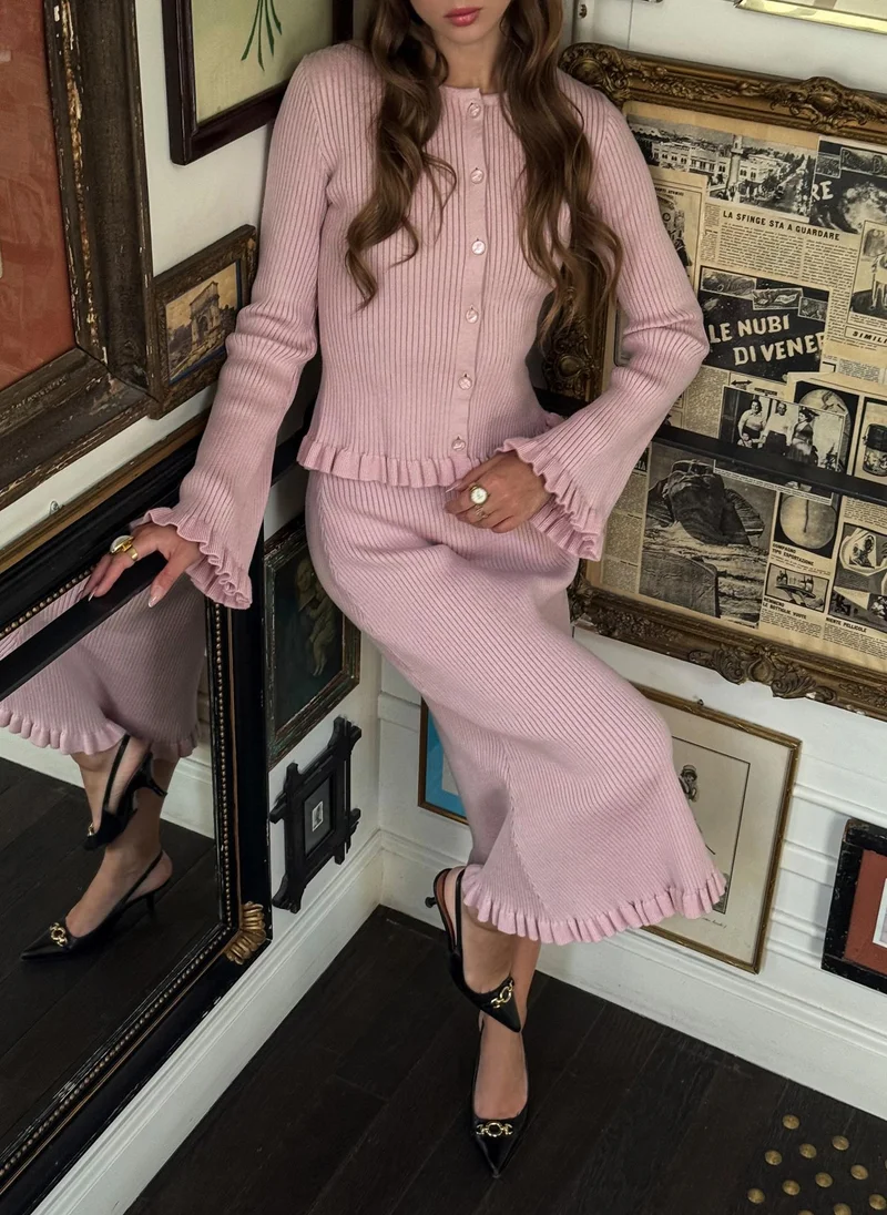 Lichi Ribbed midi knit skirt with ruffles