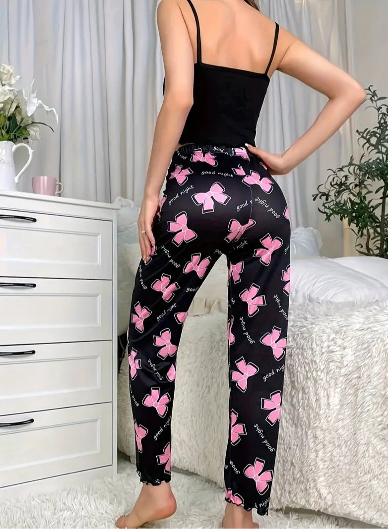 طقم بيجامة مريح بطباعة القوس والحروف، قميص كامي كاجوال بحافة خس ورقبة دائرية بدون ظهر وسروال مطاطي، ملابس نوم نسائية - Image 2