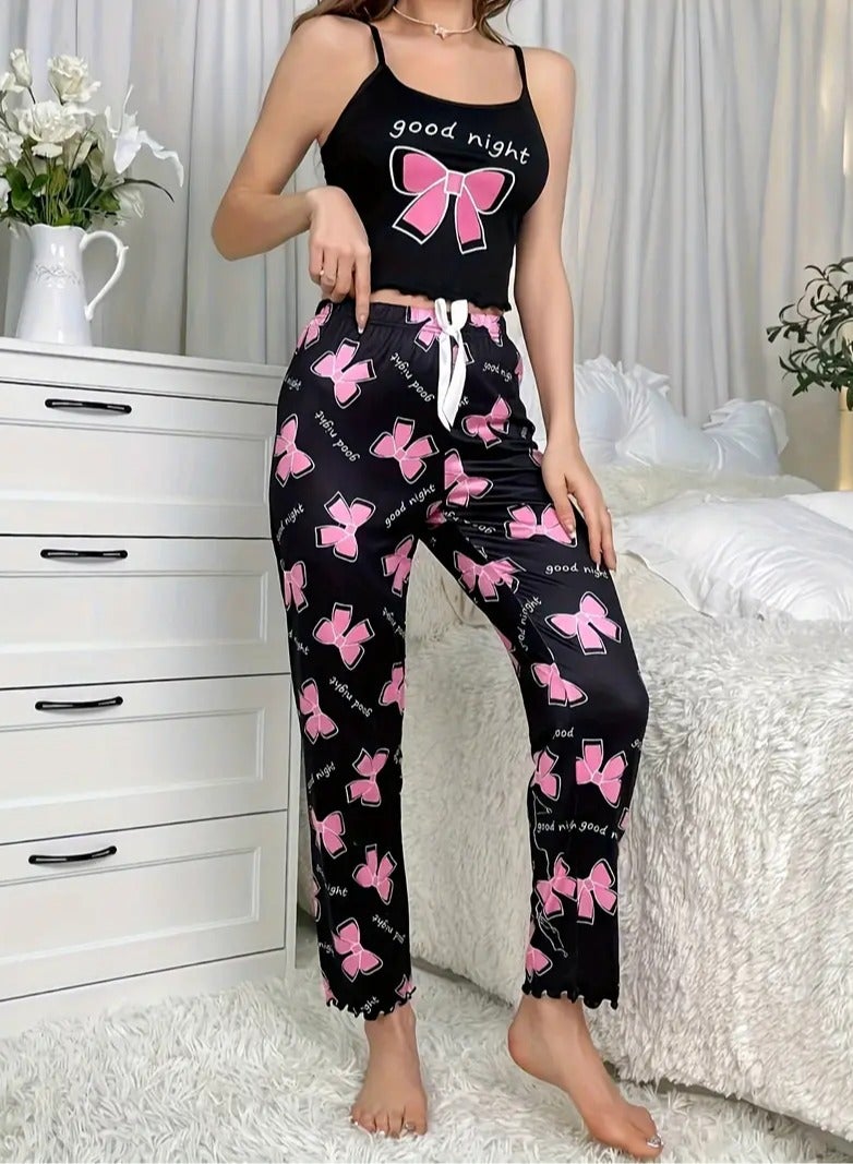 طقم بيجامة مريح بطباعة القوس والحروف، قميص كامي كاجوال بحافة خس ورقبة دائرية بدون ظهر وسروال مطاطي، ملابس نوم نسائية - Image 3