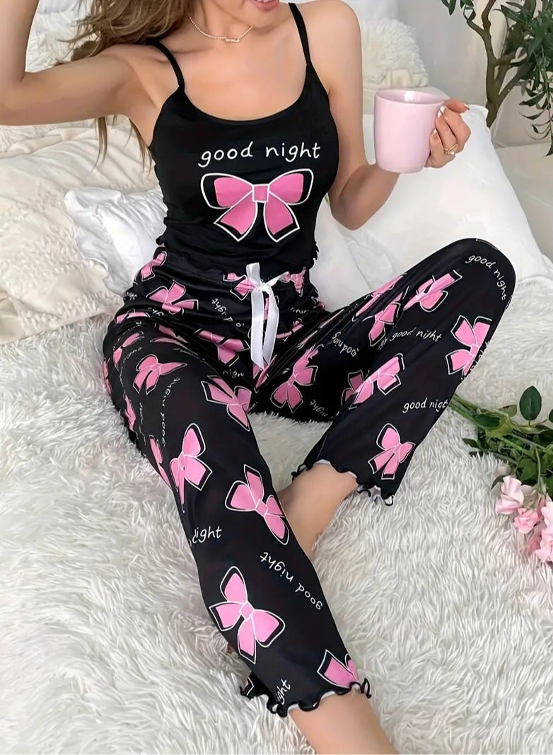 طقم بيجامة مريح بطباعة القوس والحروف، قميص كامي كاجوال بحافة خس ورقبة دائرية بدون ظهر وسروال مطاطي، ملابس نوم نسائية - Image 1