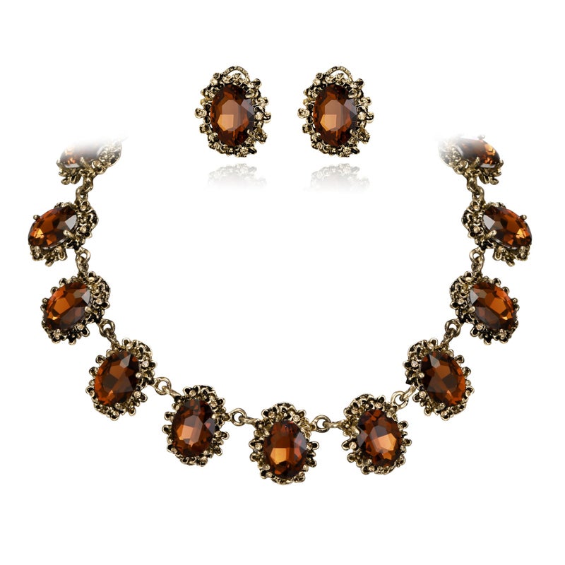 BriLove Victorian Style Statement Necklace Pierced Earrings Jewelry Set for Women Crystal Floral Cameo Inspired Oval Jewellery Brown - Image 1