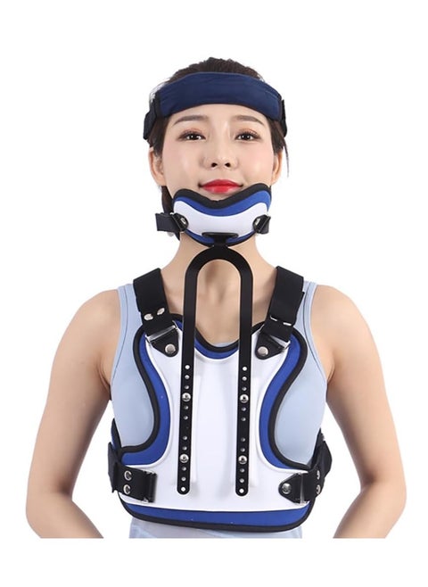 Neck and chest orthosis, head and neck chest support, adjustable size/elasticity, ergonomic design, curved chin support design, used for postoperative neck fixation and rehabilitation support