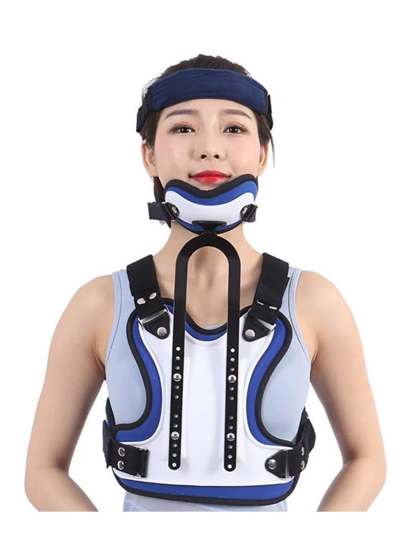Neck and chest orthosis, head and neck chest support, adjustable size/elasticity, ergonomic design, curved chin support design, used for postoperative neck fixation and rehabilitation support