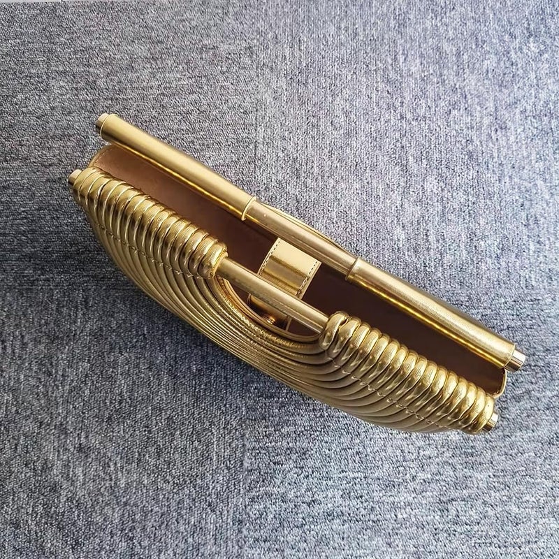 CUXVA Gold Clutch Purses for Women Evening/Wedding Chic Half Round Woven Bag Formal PU Leather Purse Designer Handbags for Party Prom - Image 3