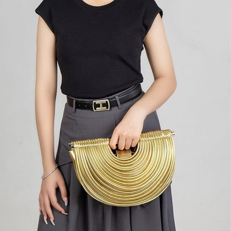 CUXVA Gold Clutch Purses for Women Evening/Wedding Chic Half Round Woven Bag Formal PU Leather Purse Designer Handbags for Party Prom - Image 2