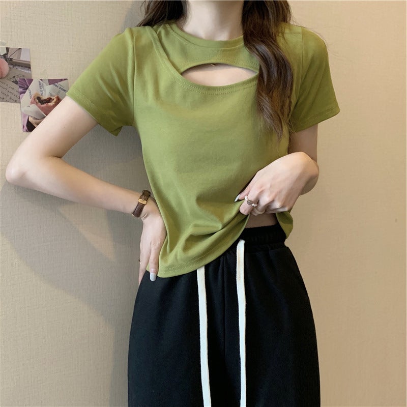 Hollow Out Short Sleeve Slim Fit Candy Color T-Shirt Women 2024 Green