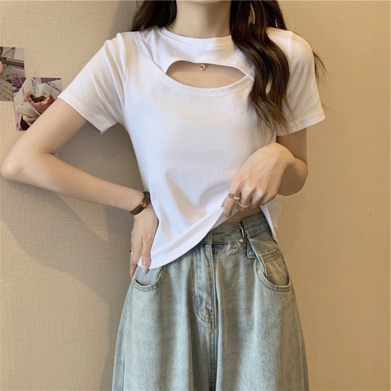 Hollow Out Short Sleeve Slim Fit Candy Color T-Shirt Women 2024 Green