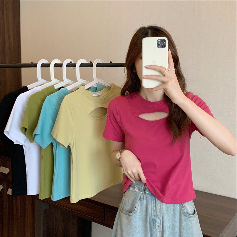 Hollow Out Short Sleeve Slim Fit Candy Color T-Shirt Women 2024 Green