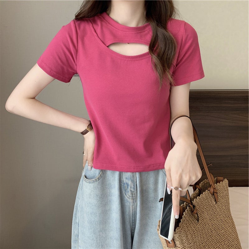 Hollow Out Short Sleeve Slim Fit Candy Color T-Shirt Women 2024 Green