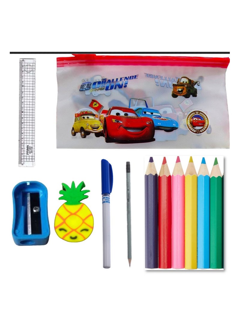 مجموعة أدوات مدرسية مكونة من 12 قطعة ( مقلمة سوستة + 6 الوان خشب + قلم رصاص + قلم جاف + مسطرة + استيكة + برايا ) - Image 1