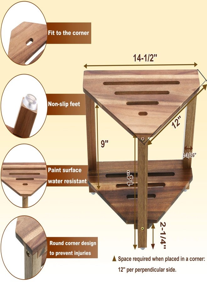 IBosins Corner Shower Stool with Storage Shelf Shower Foot Rest for Shaving Legs Small Bench for Inside Shower to Sit on Bath Seat - Acacia Wood - Image 2