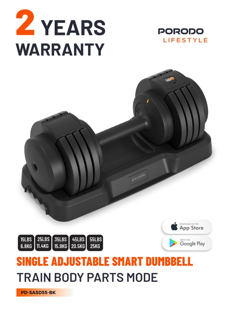 porodo 55 LB Single Adjustable Smart Dumbbell - Black - Image 1