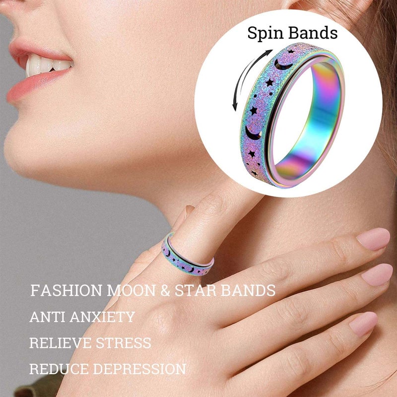 OreilleStar Anxiety Ring for Women Spinner Ring Fidget Ring Fidget Toys Adults Stainless Steel Thumb Rings for Women Fidgit Ring Men Moon Star Rainbow 6 - Image 3