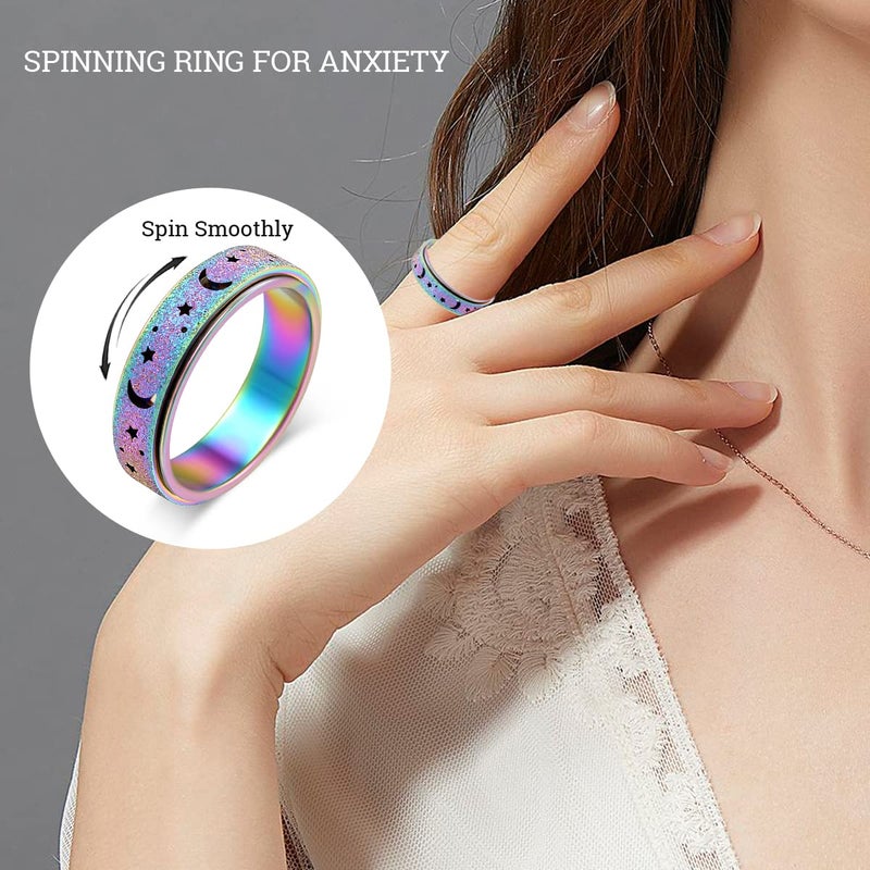 OreilleStar Anxiety Ring for Women Spinner Ring Fidget Ring Fidget Toys Adults Stainless Steel Thumb Rings for Women Fidgit Ring Men Moon Star Rainbow 6 - Image 4