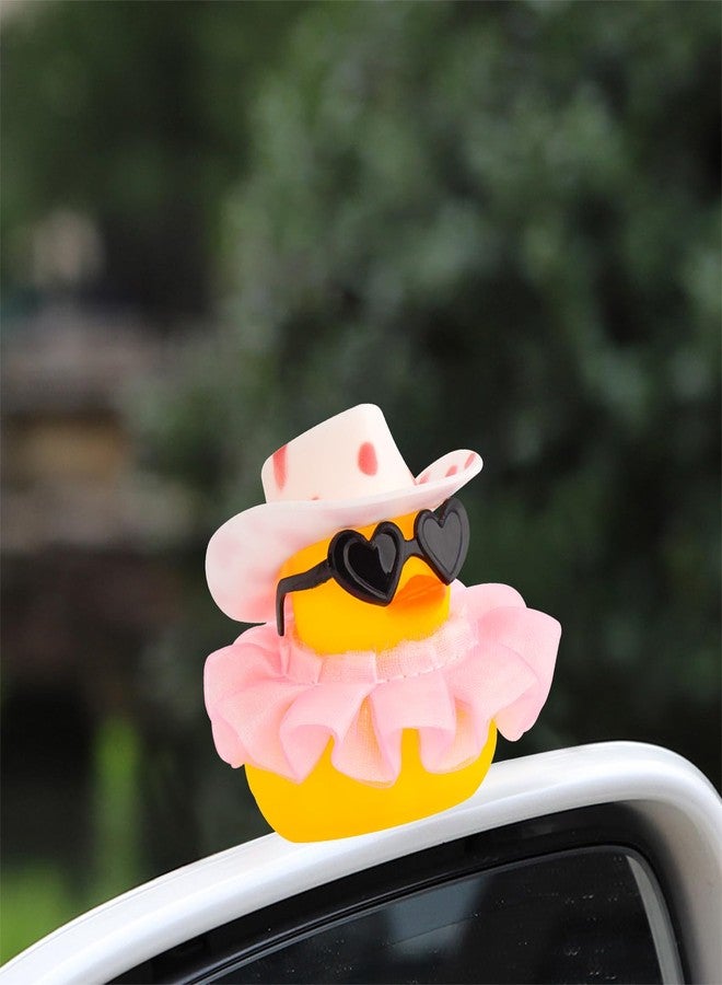wonuu Car Decorations Cowboy Rubber Ducks, Car Ornament Ducky for Dashboard Accessories with Cowboy Hat, Black Plastic Glasses, Chiffon Pink Skirt - Image 3