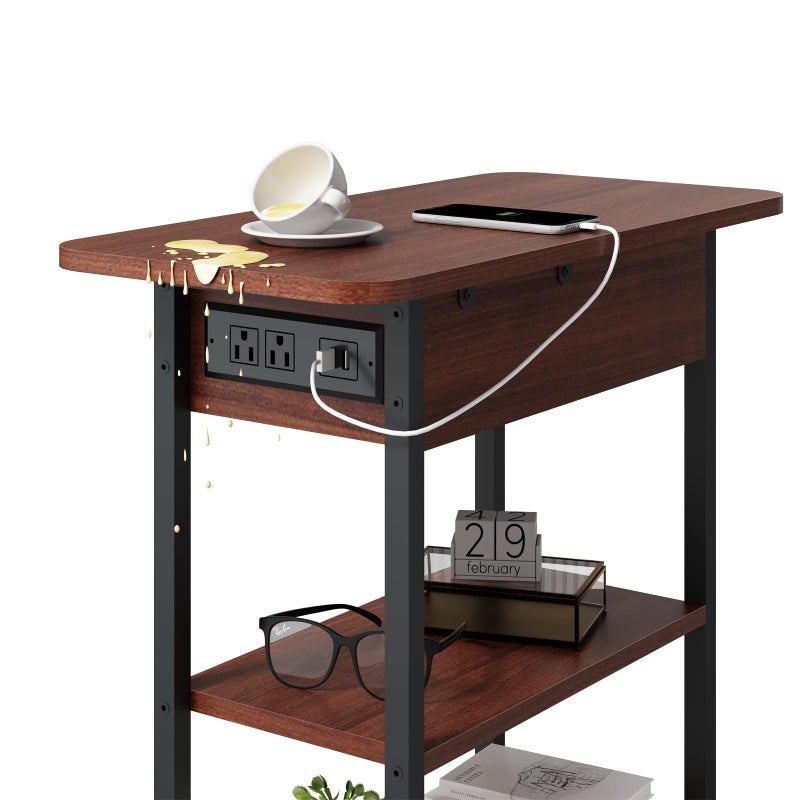 LIDYUK End Table with Charging Station, Flip Top Side Table with USB Ports and Outlets, Nightstand for Small Spaces, Bedside Tables with Storage Shelf for Living Room, Bedroom, Dark Cherry - Image 4