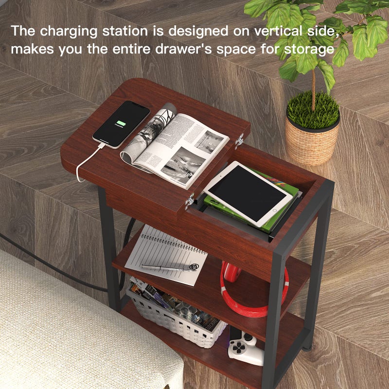 LIDYUK End Table with Charging Station, Flip Top Side Table with USB Ports and Outlets, Nightstand for Small Spaces, Bedside Tables with Storage Shelf for Living Room, Bedroom, Dark Cherry - Image 3
