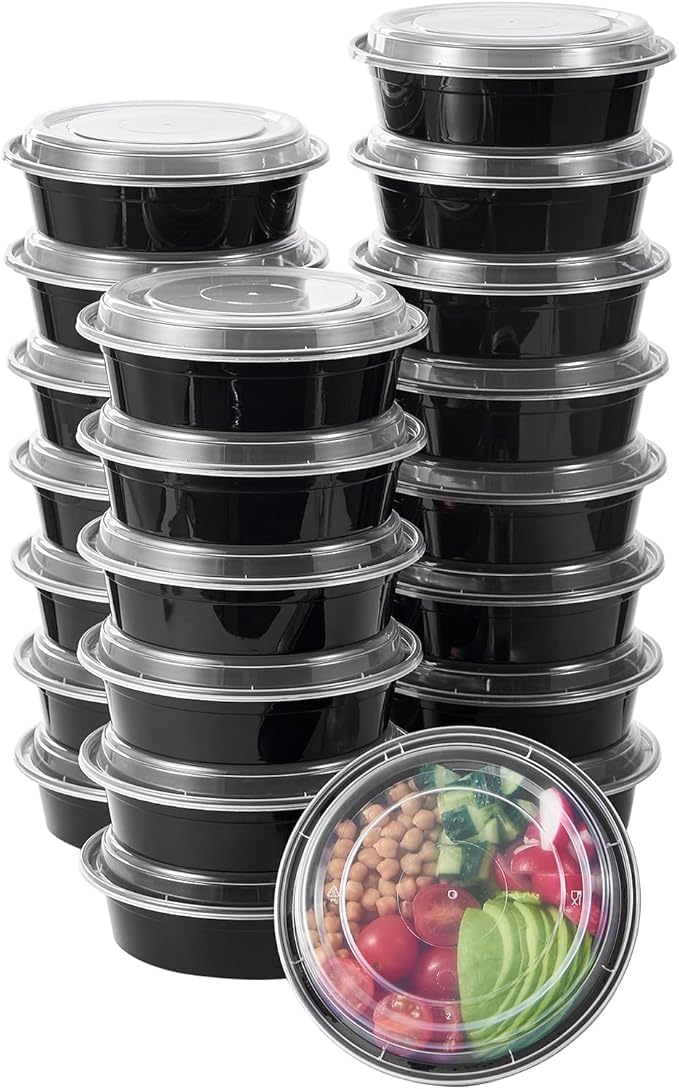 SANWALSA [750 ml (24oz) 25 Count, Round, Black Reusable Plastic Food Storage Containers with Lid | Airtight, Microwave Safe Containers | Perfect for Meal Prep, Storage, Takeaway & Food Delivery - Image 1