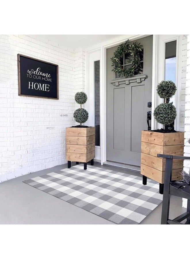 MUBIN Cotton Buffalo Plaid Rug, 3'x 5' Grey and White Outdoor Rug Front Door Decorative Mat, Hand-Woven Foldable Rug for Layered Door Mats Washable Carpet for Front Porch, Entryway, Farmhouse - Image 3