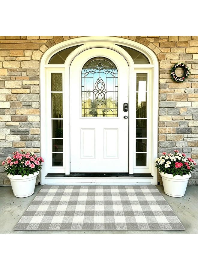 MUBIN Cotton Buffalo Plaid Rug, 3'x 5' Grey and White Outdoor Rug Front Door Decorative Mat, Hand-Woven Foldable Rug for Layered Door Mats Washable Carpet for Front Porch, Entryway, Farmhouse - Image 1