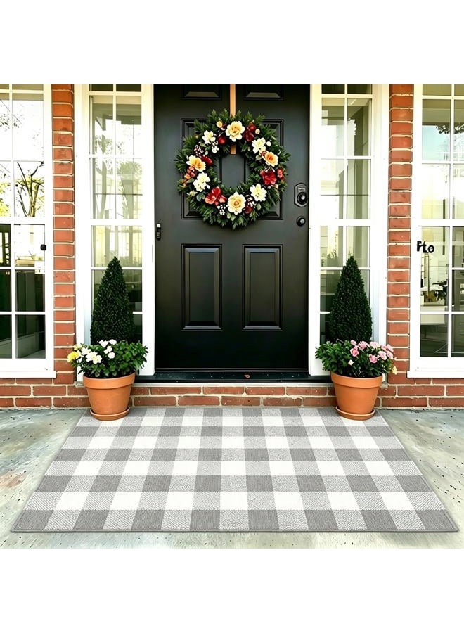 MUBIN Cotton Buffalo Plaid Rug, 3'x 5' Grey and White Outdoor Rug Front Door Decorative Mat, Hand-Woven Foldable Rug for Layered Door Mats Washable Carpet for Front Porch, Entryway, Farmhouse - Image 2
