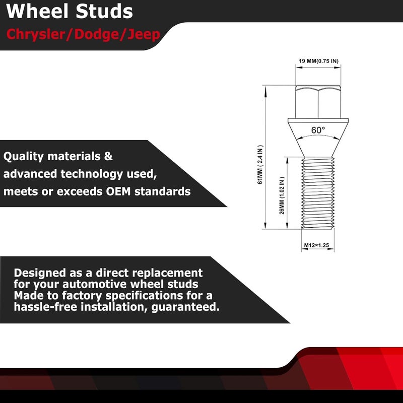 FEXON Wheel Lug Bolts/Wheel Studs M12-1.25 for Jeep Compass, Cherokee, Renegade, Chrysler 200, Dodge Dart - 20PCS - Image 2
