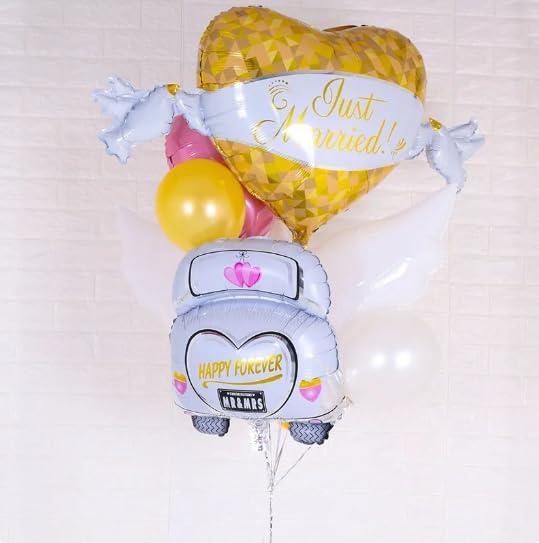 Atpata Funky Just Married Foil Balloons Set 3pcs of Elegant White Gold Theme Balloons with Just Married Happily Ever After Text Perfect for Wedding Celebrations - Image 5