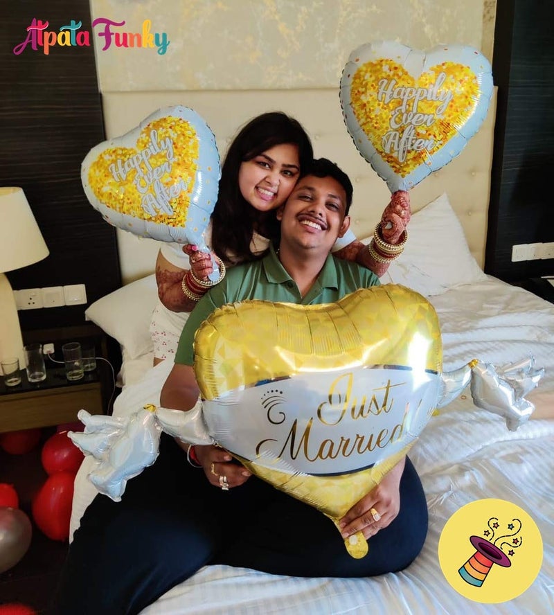 Atpata Funky Just Married Foil Balloons Set 3pcs of Elegant White Gold Theme Balloons with Just Married Happily Ever After Text Perfect for Wedding Celebrations - Image 1