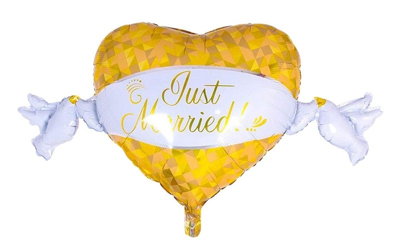 Atpata Funky Just Married Foil Balloons Set 3pcs of Elegant White Gold Theme Balloons with Just Married Happily Ever After Text Perfect for Wedding Celebrations - Image 3