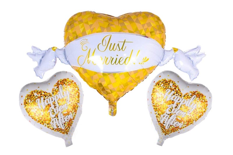 Atpata Funky Just Married Foil Balloons Set 3pcs of Elegant White Gold Theme Balloons with Just Married Happily Ever After Text Perfect for Wedding Celebrations - Image 2