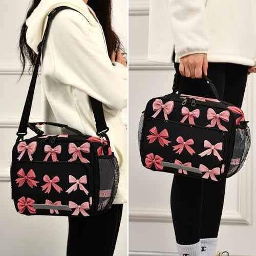 ALAZA Pink Red Bow Black Lunch Box for Girls Kids Insulated Lunch Bag Boys Lunchbox Reusable Cooler Tote Freezable Shoulder Strap for School Picnic - Image 3
