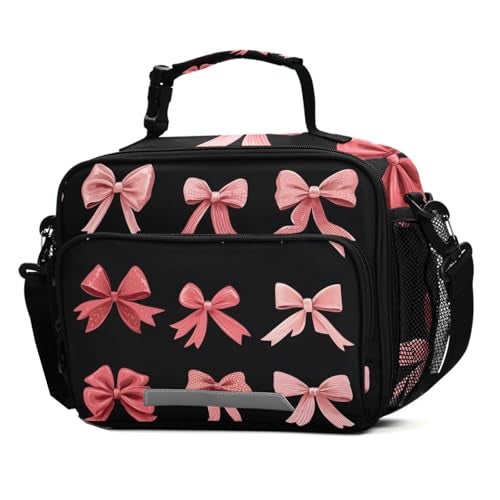 ALAZA Pink Red Bow Black Lunch Box for Girls Kids Insulated Lunch Bag Boys Lunchbox Reusable Cooler Tote Freezable Shoulder Strap for School Picnic - Image 1