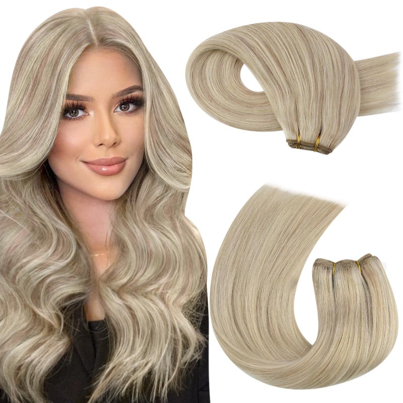 Moresoo Sew in Hair Extensions Real Human Hair Ash Blonde Highlight Hair Wefts Human Hair Sew in Extensions Ash Blonde Mixed with Blonde Weft Hair Extensions 100g 18 Inch