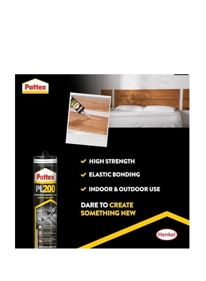 Pattex PL200 Flextek Polymer Construction Adhesive, Ultra Clear, High Quality, Instant Fixing, Universal Use Indoors and Outdoors on All Surfaces, Advanced German Technology (3 Pieces) - Image 4