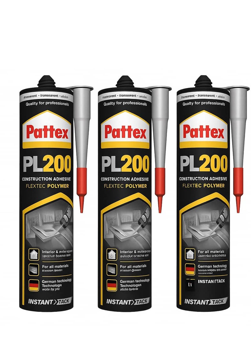 Pattex PL200 Flextek Polymer Construction Adhesive, Ultra Clear, High Quality, Instant Fixing, Universal Use Indoors and Outdoors on All Surfaces, Advanced German Technology (3 Pieces) - Image 1