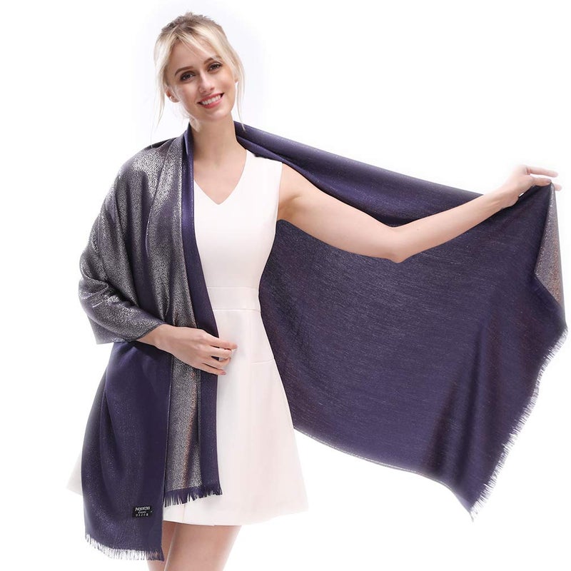 LMVERNA Women Glitter Shimmer Tassel Reversible Pashmina Shawls and Wraps Stole Scarf(Navy-Silver) - Image 1