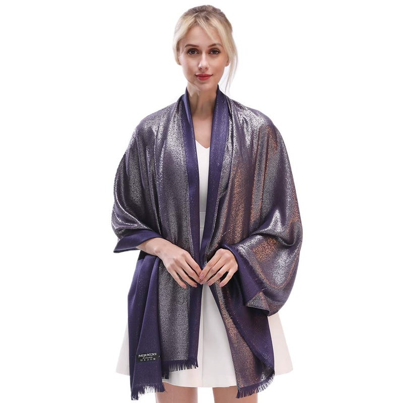 LMVERNA Women Glitter Shimmer Tassel Reversible Pashmina Shawls and Wraps Stole Scarf(Navy-Silver) - Image 4