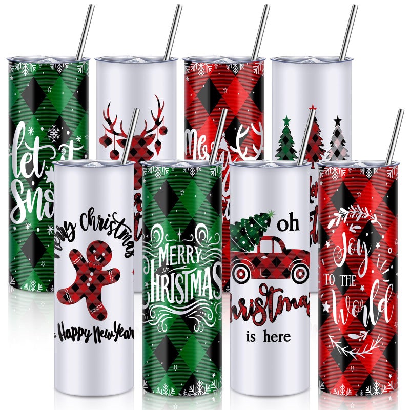 Sliner 8 PCS Christmas Tumbler with Lid Straw and Brush Stainless Steel Christmas Mug Xmas Funny Tumbler Double Insulated Coffee Cup Travel Mug for Holiday Birthday Wedding Party GiftsPlaid 20 oz