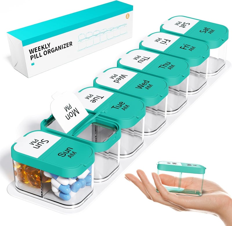 Odaro Extra Large Weekly Pill Organizer 2 Times A Day, Pill Box 7 Day Am Pm to Hold Daily Medicine Vitamin and Supplements - Cyan