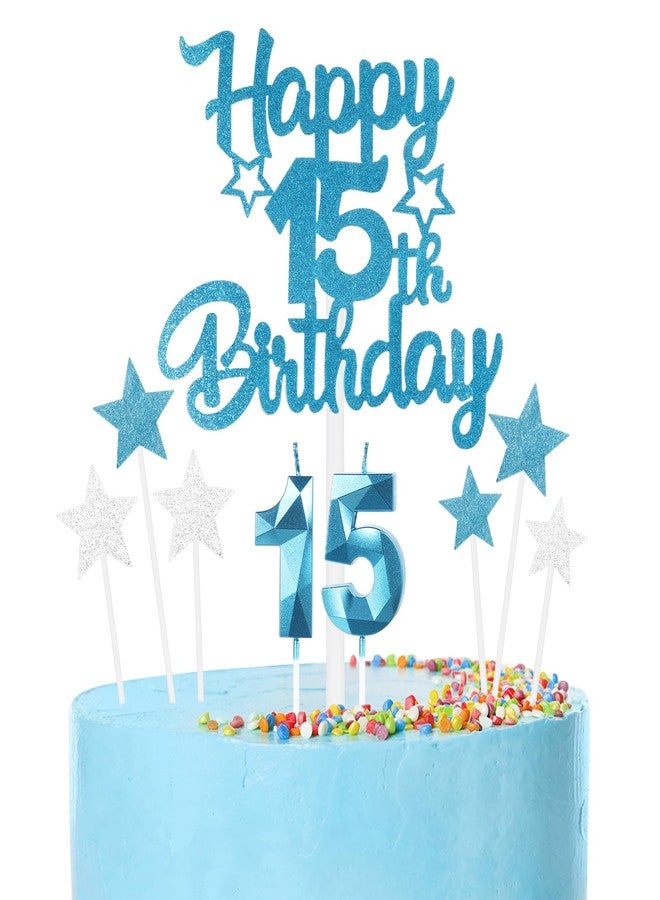 iNINGER 15th Birthday Candles & Toppers - Blue Number 15 Candle, Star Cake Toppers for Boys & Girls 15th Birthday & Wedding Anniversary - Image 1