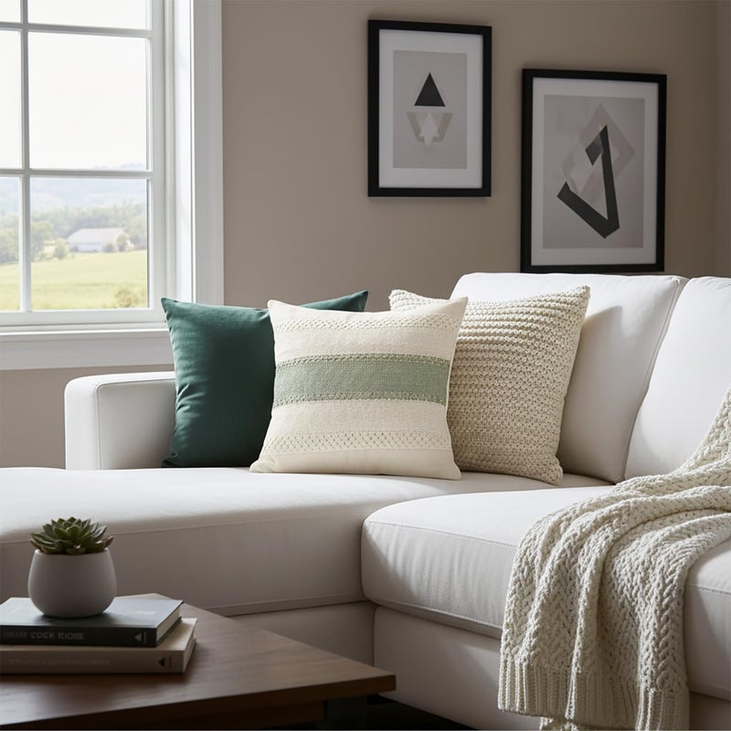 Hibate Set of 2 Sage Green Boho Throw Pillow Covers 18x18 Inch Decorative Cushion Covers for Couch Bed Sofa Chair Cotton Macrame DÃ©cor Decorations (Type A) - Image 4