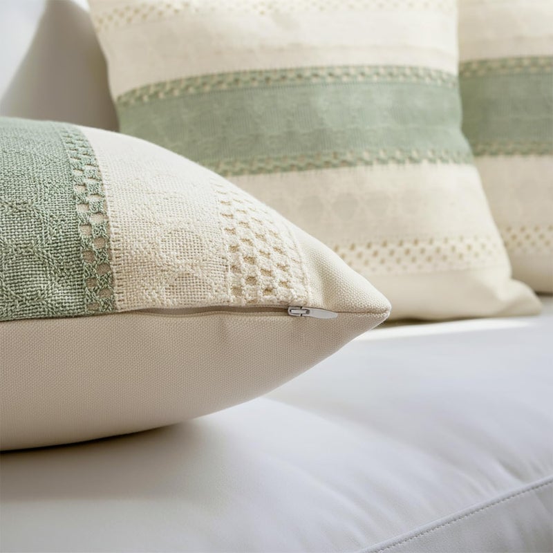 Hibate Set of 2 Sage Green Boho Throw Pillow Covers 18x18 Inch Decorative Cushion Covers for Couch Bed Sofa Chair Cotton Macrame DÃ©cor Decorations (Type A) - Image 2