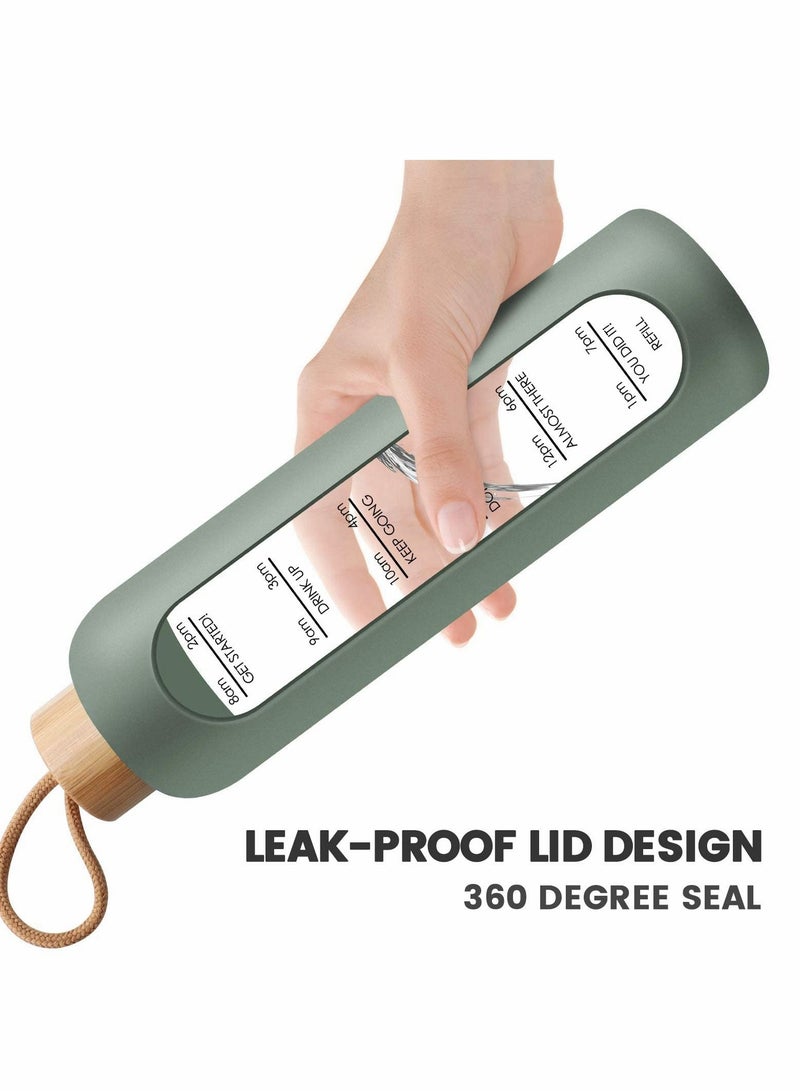 32 Oz Borosilicate Glass Water Bottle with Time Marker Reminder Quotes Leak Proof Reusable BPA Free Motivational Silicone Sleeve and Bamboo Lid